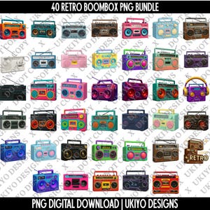 40 Retro Boombox PNG Bundle, Vintage Boombox Clipart, 80s 90s Radio Cassette Player PNG, Colorful Boom Box Digital Download, Retro Music PNG