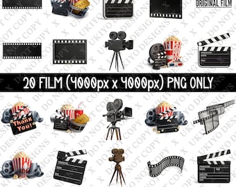 Film & Movie PNG Clipart Bundle – Popcorn, Cameras, Clapperboards (Digital Download)