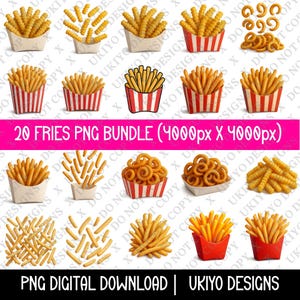 Frieten PNG-bundel | Clipart met gekreukt, recht, gekruld en cartoon friet voor sublimatie, junkfoodkunst, keukendecor, bakprojecten