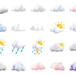 35枚の画像：3D雲、雨雲、嵐雲のクリップアート/PNGのみのバンドル、デジタルダウンロード、インスタントダウンロード、浮世絵デザイン