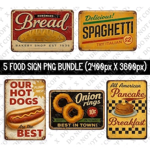 May include: A bundle of five vintage-style food signs. The signs feature text and illustrations for bread, spaghetti, hot dogs, onion rings, and pancakes. The signs are designed with a distressed, aged look.