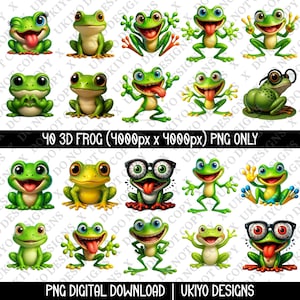 40 Funny Cute 3D Frog PNGs for Sublimation | 4000x4000px Digital Download | Cartoon Frogs Clipart | Instant Download Frog Art