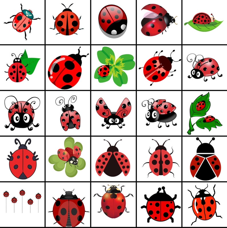 May include: A collection of 25 red and black ladybugs with various designs and poses. Some ladybugs are flying, some are crawling, and some are sitting on leaves.