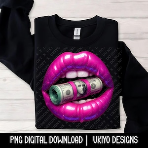 Pink Lips Clinching Roll of Money PNG File | Glossy Glam Lip Clipart for Sublimation, Hustle Art, Boss Babe Stickers, Luxury Money Crafts