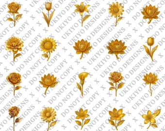 20 Gold Flower PNG Bundle | Metallic Floral Clipart | Elegant Gold Rose Tulip Sunflower Sublimation PNGs | Digital Download Flowers