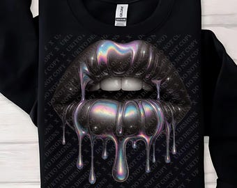 Holographic Black Lips PNG for Sublimation, Iridescent Dripping Lip Clipart, Dark Aesthetic Glossy Lip Art Digital Download