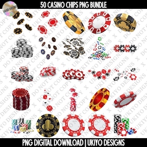 Puede incluir: Una colección de 50 fichas de casino en varios diseños, incluyendo rojo, negro, dorado y blanco. Las fichas presentan símbolos como tréboles, diamantes, corazones y picas. La imagen incluye pilas y fichas dispersas, con el texto "50 CASINO CHIPS PNG BUNDLE".