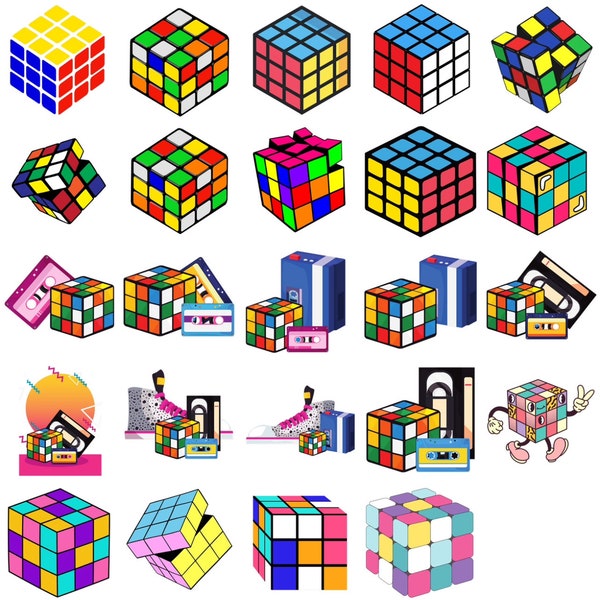 49 images: Rubik's Cube, Games, Vintage, Throwback 80s, 90s Clipart/PNG ONLY Bundle, Digital, Instant Download, Ukiyo Designs