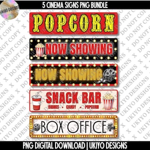 Puede incluir: Un paquete PNG digital de cinco letreros de cine. Los letreros incluyen "Popcorn", "Now Showing", "Snack Bar" y "Box Office". Cada letrero tiene un diseño vintage con colores brillantes y texto. El letrero "Snack Bar" incluye imágenes de una bebida y palomitas de maíz.