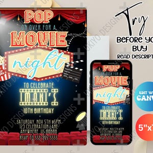 Plantilla editable CANVA para cumpleaños, celebraciones, fiestas y noches de cine / Invitación a fiesta personalizada DIY / Descarga instantánea [7]