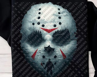 Friday the 13th Horror Mask Scene at Lake Cabin | Halloween Slasher Killer Digital Download Creepy Scary Art | Horror Slasher Movie Inspired