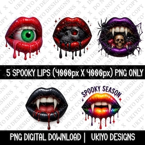 Rainbow Vampire Lips PNG Bundle, Dripping Lip Halloween Sublimation, Horror Lips with Fangs, Skull, Spiders, Eyeball Clipart Download