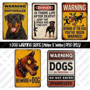 Ensemble PNG de panneaux d'avertissement pour chiens | Panneaux de clôture pour chien drôles et effrayants pour sublimation, téléchargement numérique instantané, clipart chien de garde et décoration de jardin