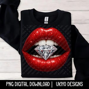 Labios rojos sensuales con diamante (archivo PNG) / Imágenes prediseñadas de labios brillantes y glamurosos para sublimación, pegatinas, arte de moda, manualidades femeninas y proyectos de diseño de lujo