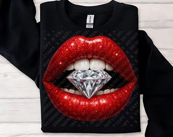 Labios rojos sensuales con diamante (archivo PNG) / Imágenes prediseñadas de labios brillantes y glamurosos para sublimación, pegatinas, arte de moda, manualidades femeninas y proyectos de diseño de lujo.