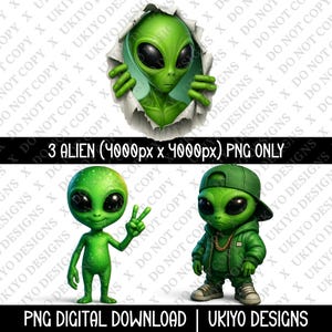 Süßes und cooles Alien PNG Bundle – Peace Zeichen, Streetwear Style und guckender Marsmann | 3D Grün Alien Clipart für Sublimation & Kunsthandwerk