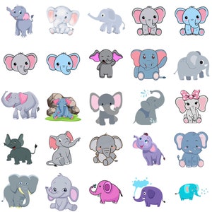 75 images: Cute Elephant, Baby Elephant, Cartoon Elephant, Animal Clipart/PNG Bundle, Digital Download, Ukiyo Designs [1]