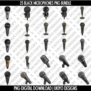 25 Black Microphones PNG Bundle | Realistic Microphone Clipart | Digital Mic PNG Download | Singing PNG Bundle for Music & Podcast