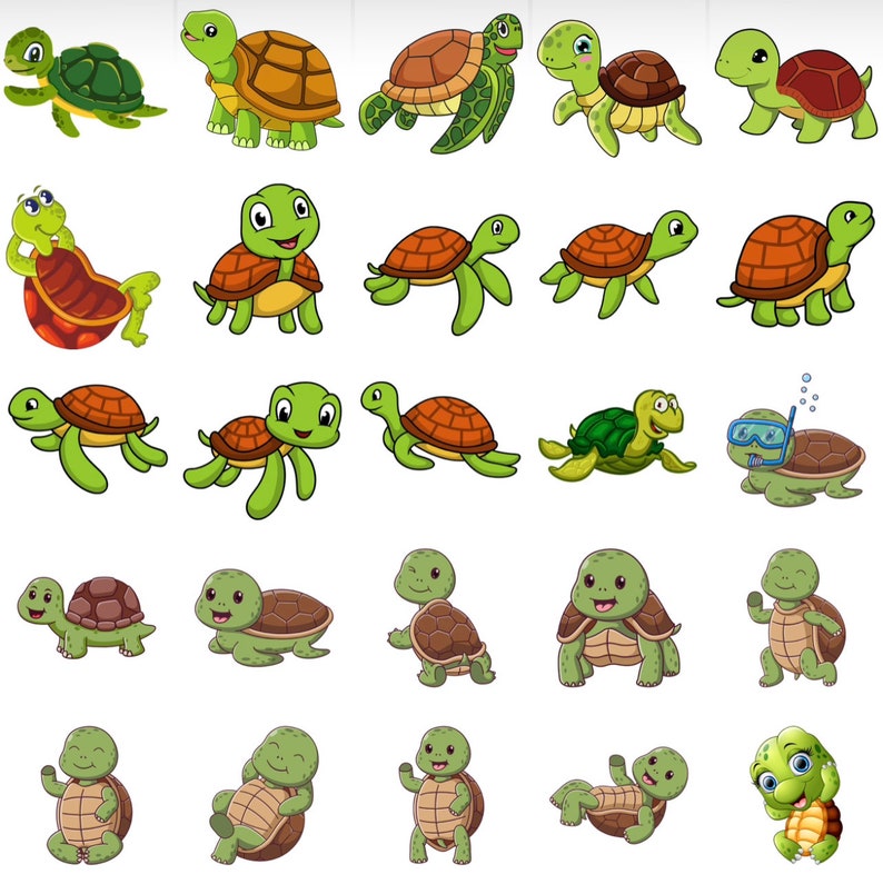 Pode incluir: Uma cole&ccedil;&atilde;o de 25 tartarugas de desenho animado em v&aacute;rias poses, incluindo nadar, andar e carregar objetos. As tartarugas s&atilde;o verdes, marrons e pretas com diferentes padr&otilde;es de carapa&ccedil;a.