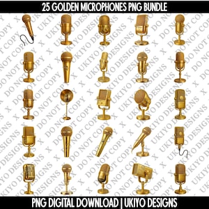 Golden Microphone Clipart Bundle | Retro Mic PNG (Digital Download)