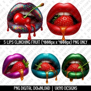 Saftige Lippen mit Obst PNG-Bundle für Sublimation, glänzende tropfende Lippen Clipart, Erdbeerkirsch-Lippenkunst, hochauflösender digitaler Download