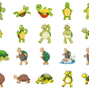 Pode incluir: Uma cole&ccedil;&atilde;o de 20 tartarugas de desenho animado em v&aacute;rias poses, incluindo andar, nadar e ficar em p&eacute;. As tartarugas s&atilde;o todas verdes com conchas marrons e algumas t&ecirc;m acentos amarelos.