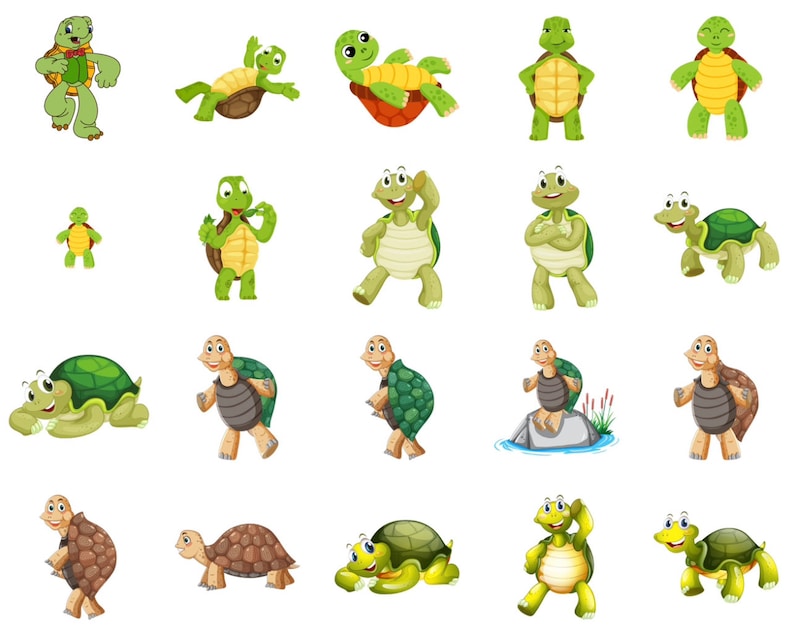 Pode incluir: Uma cole&ccedil;&atilde;o de 20 tartarugas de desenho animado em v&aacute;rias poses, incluindo andar, nadar e ficar em p&eacute;. As tartarugas s&atilde;o todas verdes com conchas marrons e algumas t&ecirc;m acentos amarelos.