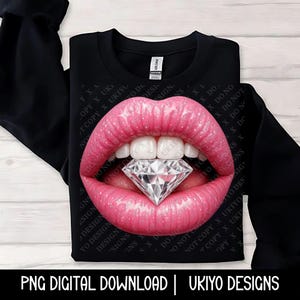 Labios rosados sensuales con diamante (archivo PNG) / Imágenes prediseñadas de labios brillantes y glamurosos para sublimación, pegatinas, arte de moda, manualidades femeninas y proyectos de diseño de lujo