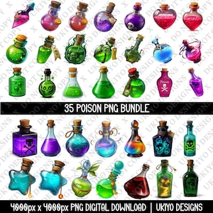 May include: A digital download featuring 35 potion PNG images. The collection includes various colorful potion bottles with cork stoppers, skulls, and the word "Poison". The text "35 POISON PNG BUNDLE" is also visible.