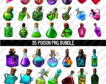 35 Poison PNG-bundel voor sublimatie, kleurrijke potionfles clipartset, Fantasy Alchemy Digital Art, Magic Spell Potion Design, Apotheker