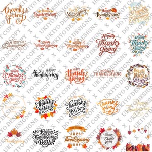 Thanksgiving PNG Bundle – 25 Happy Thanksgiving Lettering Clipart Designs, Fall Pumpkin Autumn Leaves Sublimation, Holiday Digital Download