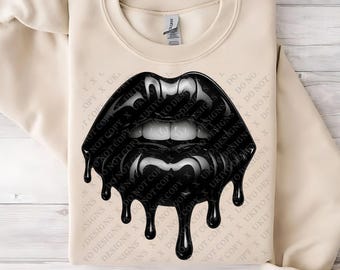 PNG-bestand met zwarte druipende lippen | Clipart met glanzende donkere lip voor sublimatie, gotische modekunst, stickers, alternatief handwerk en edgy ontwerpen