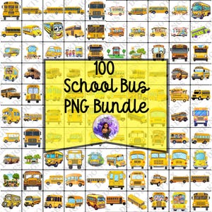Paquete de 100 imágenes prediseñadas/PNG de autobuses escolares amarillos (descarga digital)