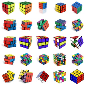 May include: A collection of 27 colourful Rubik's Cubes in various positions and configurations. The cubes are all the same size and shape, and they are made of plastic.