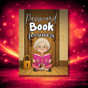 Puede incluir: Ilustración de un libro de contraseñas para personas mayores. La portada presenta el texto "Password Book for Seniors" sobre una imagen de una anciana leyendo un libro rosa. También se ve un candado dorado y una puerta de madera.