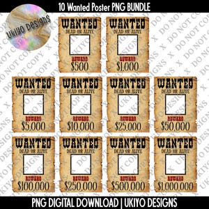 10 Wanted Poster PNG Bundle, Rustic Wild West Templates, Vintage Western Clipart, Printable Outlaw Signs, Digital Download