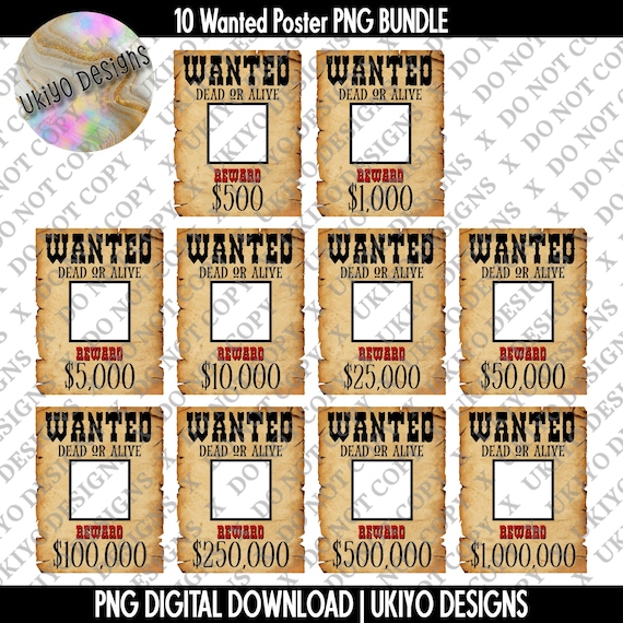 10 Wanted Poster PNG Bundle, Rustic Wild West Templates, Vintage