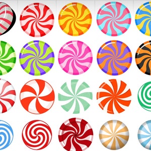 Puede incluir: Una colección de 18 diseños de caramelos de colores en espiral. Cada caramelo es una combinación de colores diferente de rojo, blanco, azul, verde, amarillo, naranja, morado y negro.