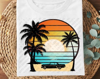 Retro Sunset Beach Car PNG Bundle, Tropical Palm Tree Ocean Clipart, Coastal Vacation Sublimation Download