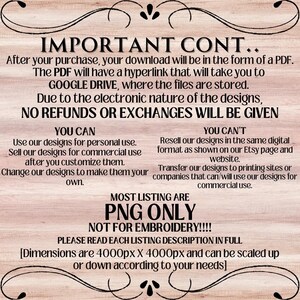 May include: A digital download information sheet with text on a light wood-grain background. The text includes details about the product format, usage rights, and refund policy. Decorative flourishes frame the text.