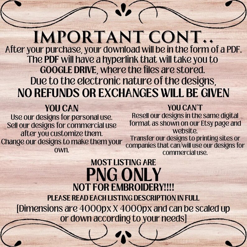 May include: A digital download information sheet with text on a light wood-grain background. The text includes details about the product format, usage rights, and refund policy. Decorative flourishes frame the text.
