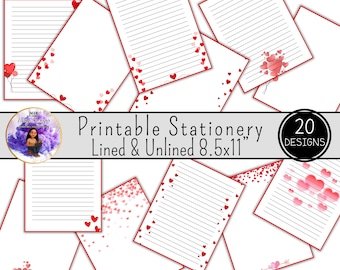 20 Valentine Red Hearts Printable Stationery Pages Lined Unlined 8.5x11 Heart Writing Paper Love Notes Digital Download