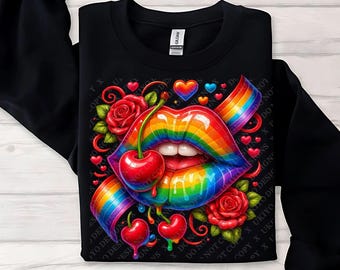 Rainbow Lips with Cherry and Roses PNG File | Pride Glossy Lip Clipart for Sublimation, LGBTQ+ Art, Stickers, Colorful Celebration Crafts