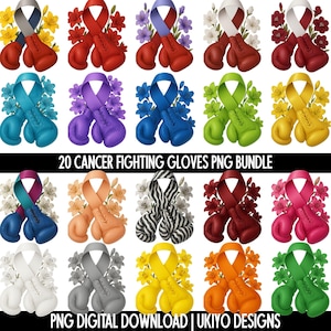 May include: A collection of twenty pairs of boxing gloves in various colors, each paired with a ribbon and floral arrangement. The gloves are in shades of red, blue, purple, green, yellow, and more. Text reads "20 CANCER FIGHTING GLOVES PNG BUNDLE" and "PNG DIGITAL DOWNLOAD | UKIYO DESIGNS".
