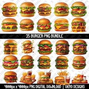 25 3D Burger PNG Bundle, Cheeseburger Clipart, Hamburger Digital Download, Fast Food Sublimation, Junk Food PNG, Burger Fries Drink Set