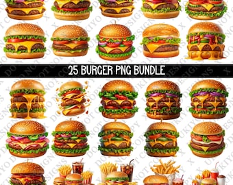 Pacchetto di 25 PNG di hamburger 3D, Clipart di cheeseburger, Download digitale di hamburger, Sublimazione di fast food, PNG di cibo spazzatura, Set di bevande con patatine fritte e hamburger