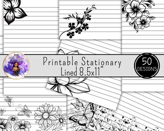 50 Floral Lined Printable Stationery Pages 8.5x11 Black White Writing Paper Notebook Bundle Digital Download