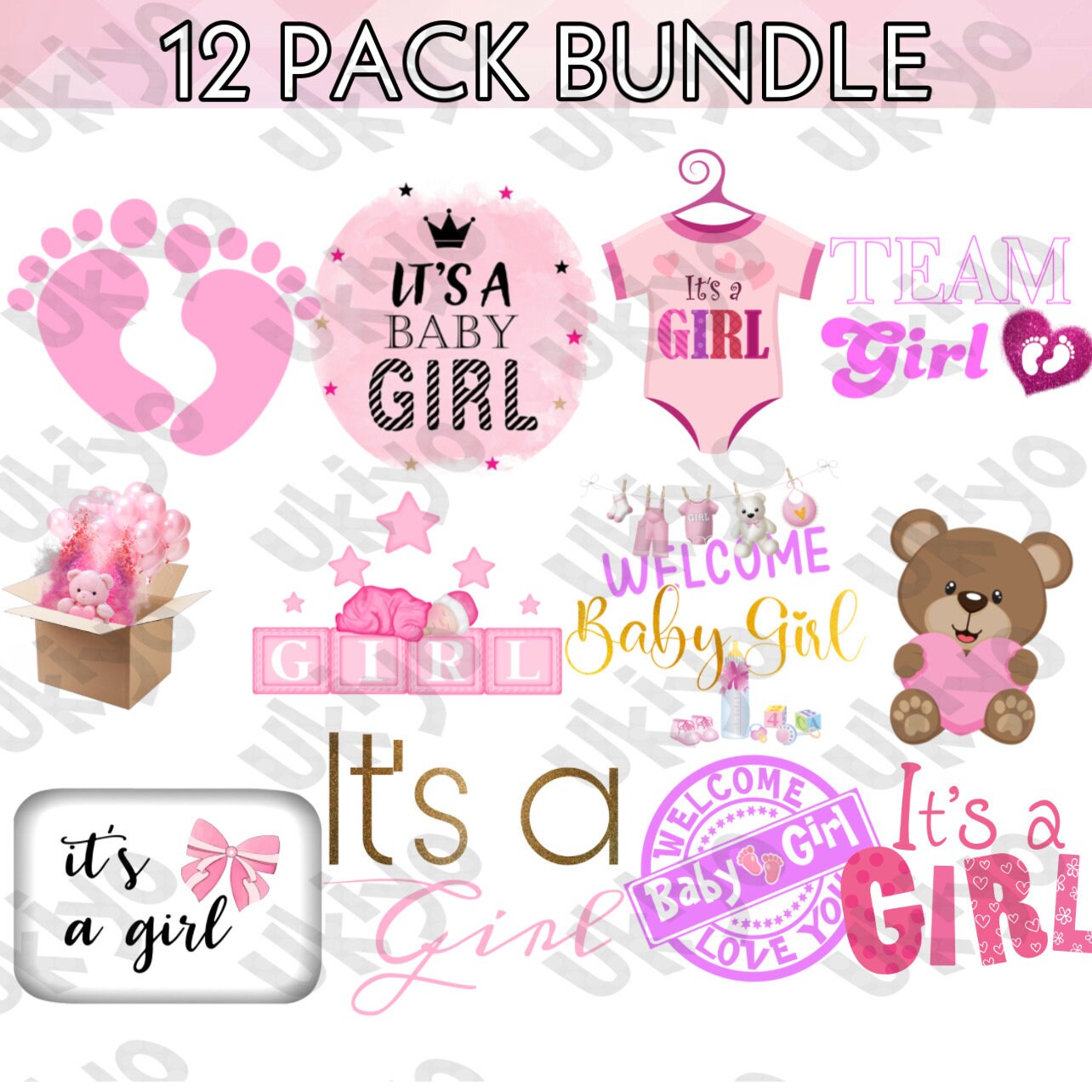 12 Its A Girl, Footprint, Clipart/png ONLY Bundle, Digital Download