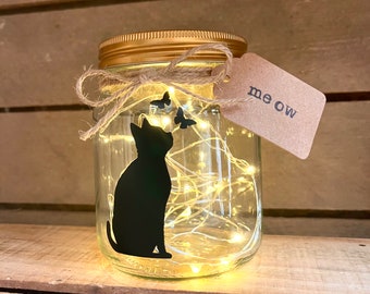 Cat light up jar gift for cat lovers kitten and butterfly fairy light jar home decor for bedroom night light for nursery