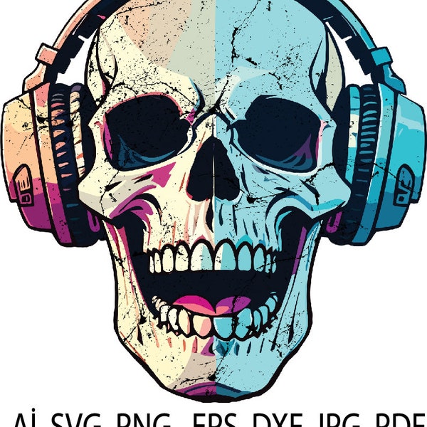 Music loving skeleton head for your T-Shirts and Mugs Instant Download Ai,SVG, PNG, EPS, dxf, jpg, pdf digital download